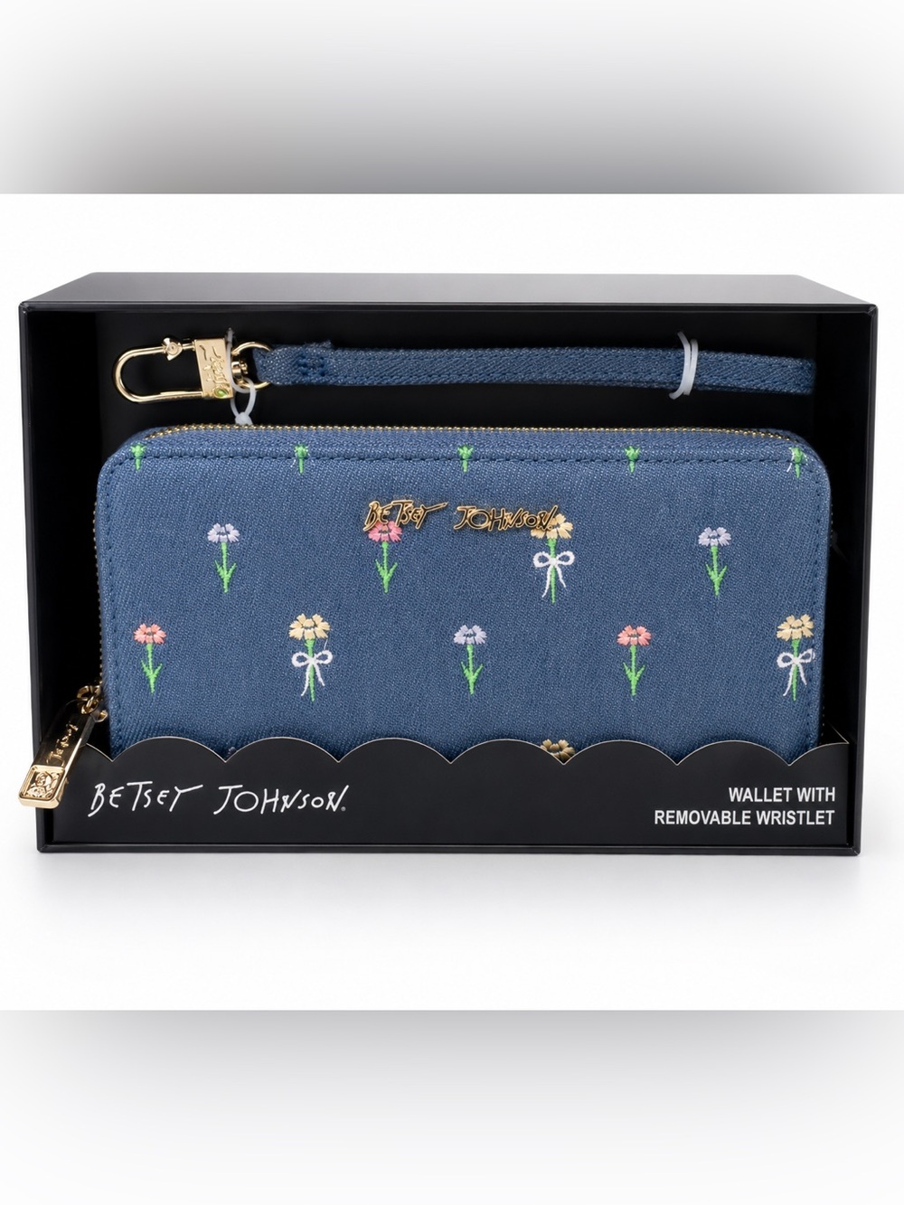 Betsey Johnson NWT Denim Embroidered Floral Wallet Removable Wristlet Daisy Box